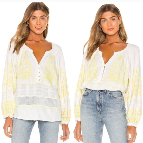 Free People Persuasion Embroidered Peasant White & Yellow Top Size Small - Picture 1 of 9